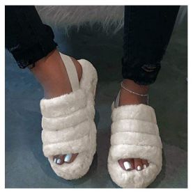 Women Fur Wedge Slippers with Ankle Elastic Band Open Toe Winter Slides Home Slipper Plush Slip-on Fluffy Warm Indoor Slippers Comfortable (Color: beige)