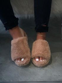 Women Fur Wedge Slippers with Ankle Elastic Band Open Toe Winter Slides Home Slipper Plush Slip-on Fluffy Warm Indoor Slippers Comfortable (Color: Brown)