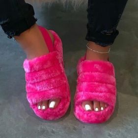 Women Fur Wedge Slippers with Ankle Elastic Band Open Toe Winter Slides Home Slipper Plush Slip-on Fluffy Warm Indoor Slippers Comfortable (Color: Pink)