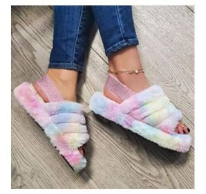 Women Fur Wedge Slippers with Ankle Elastic Band Open Toe Winter Slides Home Slipper Plush Slip-on Fluffy Warm Indoor Slippers Comfortable (Color: Colorful-Pink)
