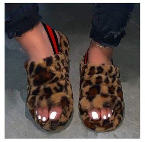Women Fur Wedge Slippers with Ankle Elastic Band Open Toe Winter Slides Home Slipper Plush Slip-on Fluffy Warm Indoor Slippers Comfortable (Color: leopard)