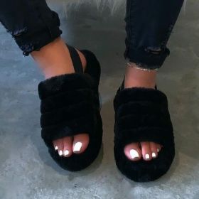 Women Fur Wedge Slippers with Ankle Elastic Band Open Toe Winter Slides Home Slipper Plush Slip-on Fluffy Warm Indoor Slippers Comfortable (Color: Black)
